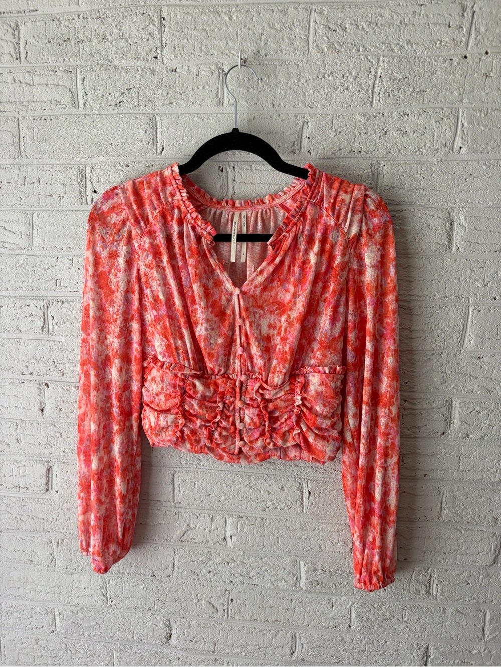 Anthropologie Coral Pink Orange Floral Ruffle Crop Top
